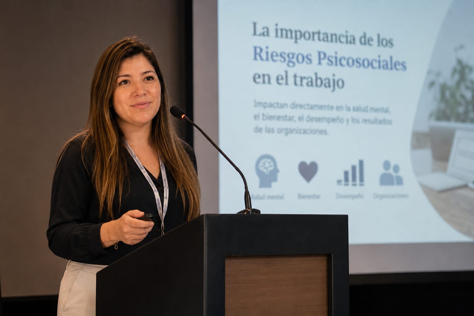 Carla Gajardo, profesional CAPREX, presentando sobre riesgos psicosociales